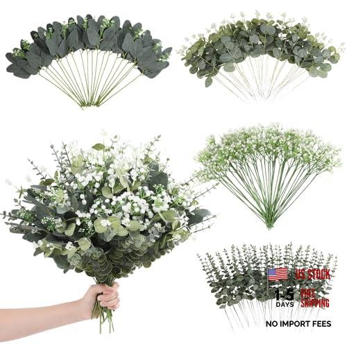 120 Pcs Mixed Artificial Eucalyptus Leaves Stems Bulk – Baby Breath Green
