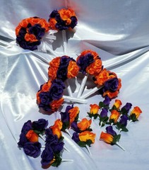 23 Pc Wedding Bouquet Set, Purple Roses, Orange Roses, White, Bouquet Package