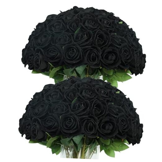 50pcs Artificial Roses Flowers in Bulk,Velvet Fake Rose with Long Stem Black