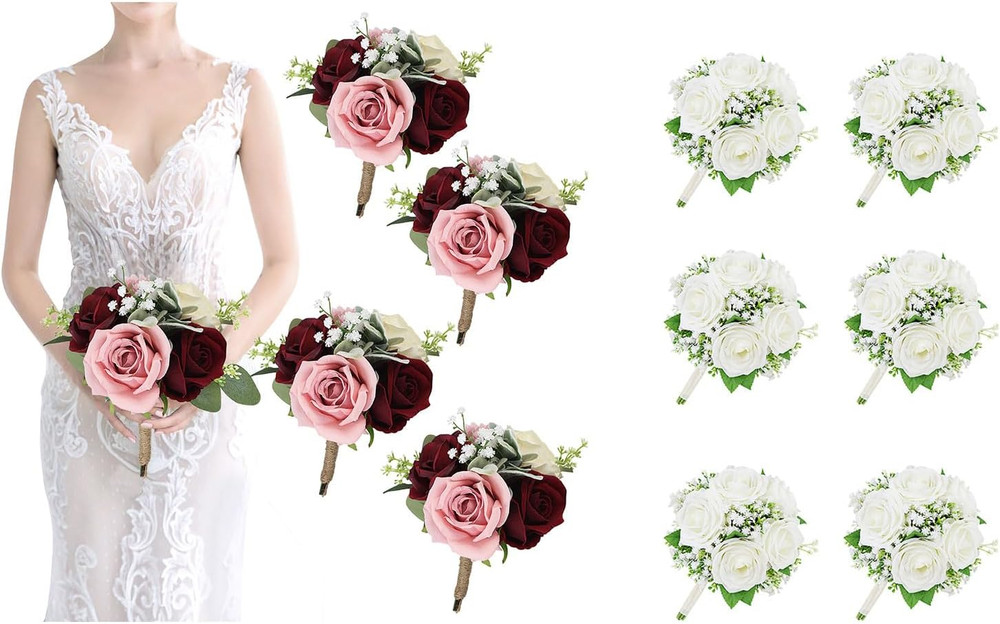 Blush & Burgundy Bridesmaid Bouquets Set of 4 + Ivory Rose Bouquets Set of 6