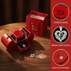 Preserved Real Rose with I love you Necklace 100 Languages, Gifts middle, red