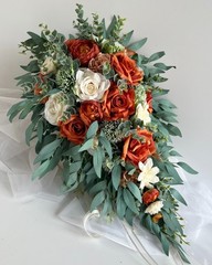 Cascading Wedding Bouquet Bunt Orange Rust Ivory Eucalyptus Gum Autumn Cascade