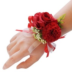 2pc Red Rose Wrist Corsage Set Handmade Artificial Flower for Wedding Prom Party