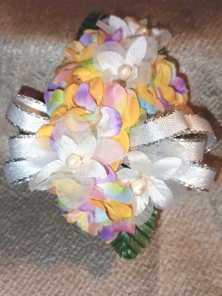 NEW 5″ Artificial Pastel Rainbow Rose Wrist Corsage W/Pearl Accents Silver Bow
