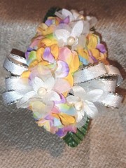 NEW 5″ Artificial Pastel Rainbow Rose Wrist Corsage W/Pearl Accents Silver Bow