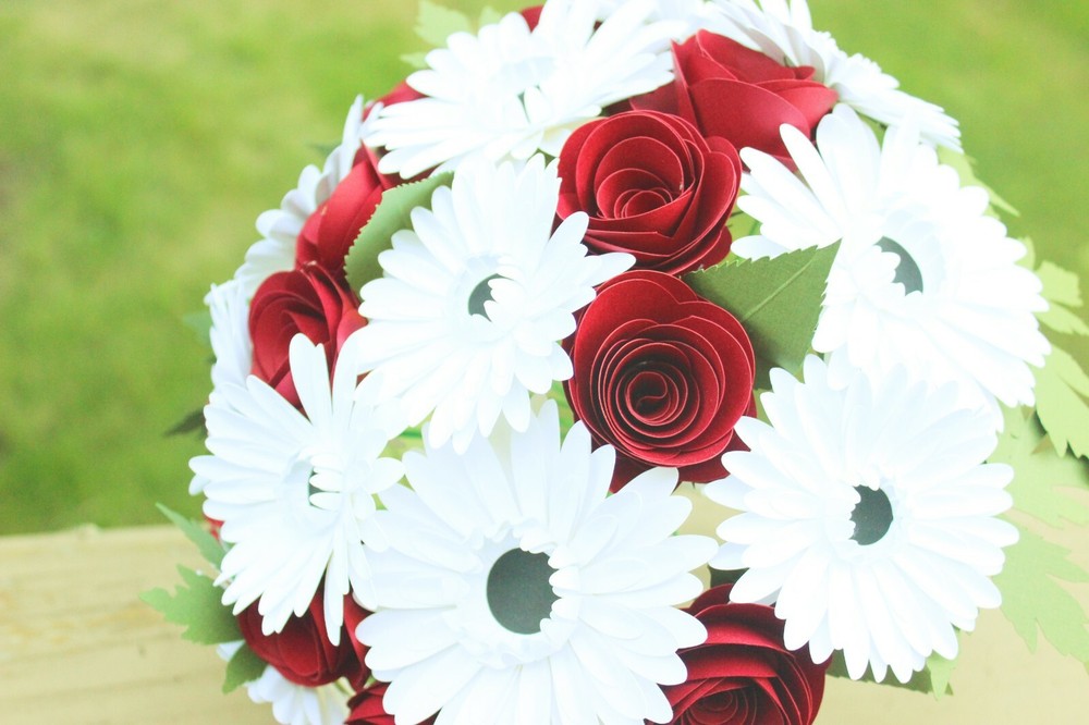 Deluxe Rose and Gerbera Daisy Wedding Bouquet – Paper Flower Bouquet, Roses