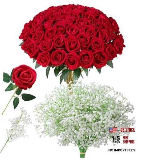 35 PCS Artificial Red Roses with 15 35 Pcs Red Roses With 15 Pcs Baby Breath