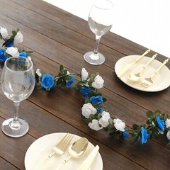 2 WHITE ROYAL BLUE 8 ft long Silk Mini Rose Wedding Garland Leaves Bendable