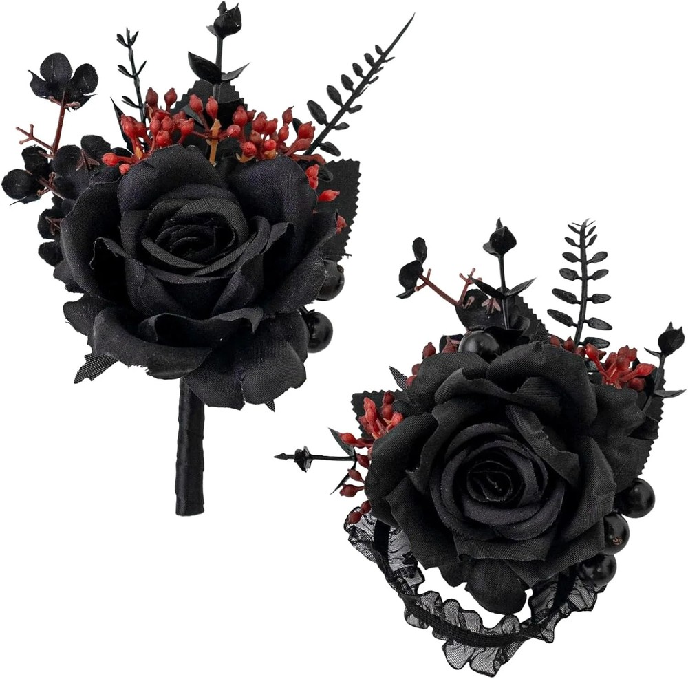 Black Wrist Corsage and Boutonniere Set Gothic Flowers Bouquet for Wedding Flowe