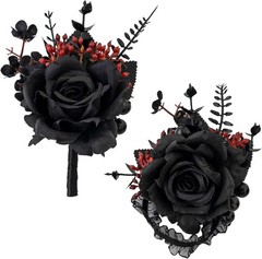 Black Wrist Corsage and Boutonniere Set Gothic Flowers Bouquet for Wedding Flowe
