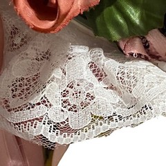 VTG Silk Flower & Lace Streamers Wedding Bridal Bouquet Red Rose & Pink Ribbons