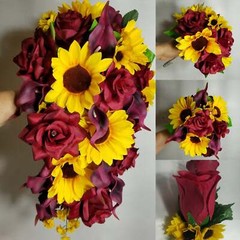 Burgundy Rose Calla Lily Sunflower Bridal Wedding Bouquet Accessories