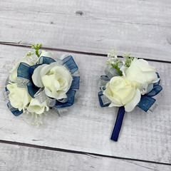 Ansuma Ivory Rose Flower Wrist Corsage Boutonniere Set Bridesmaid Wrist