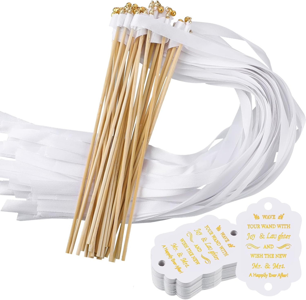 100 Pcs Wedding Wands Streamers with Bells Set, 50 White Wedding Send off Ribbon