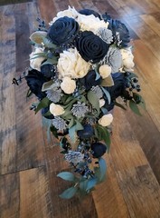 17PC Dusty Blue Navy Bridal Bouquet Bridesmaid Sola Wood Wedding Flower Set