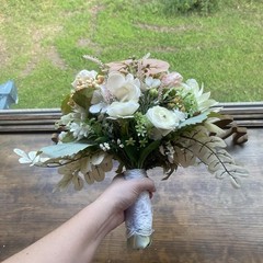 Bridal Wedding Bouquet Hand made Budget Friendly Faux Flowers White Pink Green