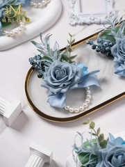 Dusty Blue Rose Wrist Corsage for Women, Set of 6, Wedding Bridal Corsage Han…