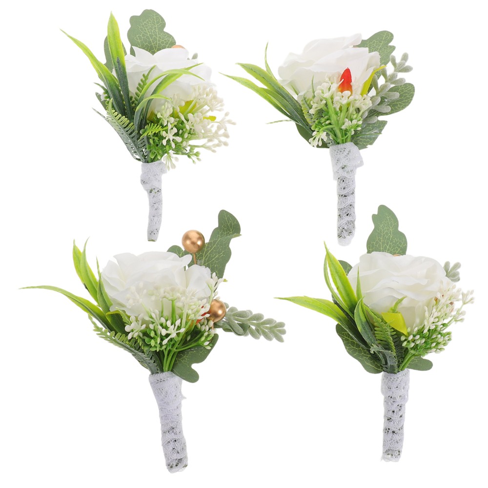 4Pcs Faux Flower Corsage Set Handmade Fabric Wedding Boutonniere Assorted Colors