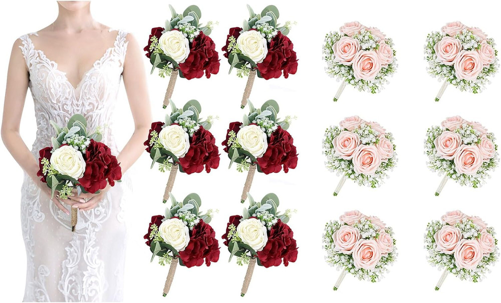 Burgundy & Peach Pink Artificial Bridesmaid Bouquets Set of 6 for Weddings