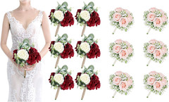 Burgundy & Peach Pink Artificial Bridesmaid Bouquets Set of 6 for Weddings
