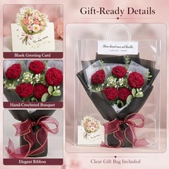 Crochet Flower Bouquet, Red Handmade Knitted Flowers,Crochet Flower Black&Red