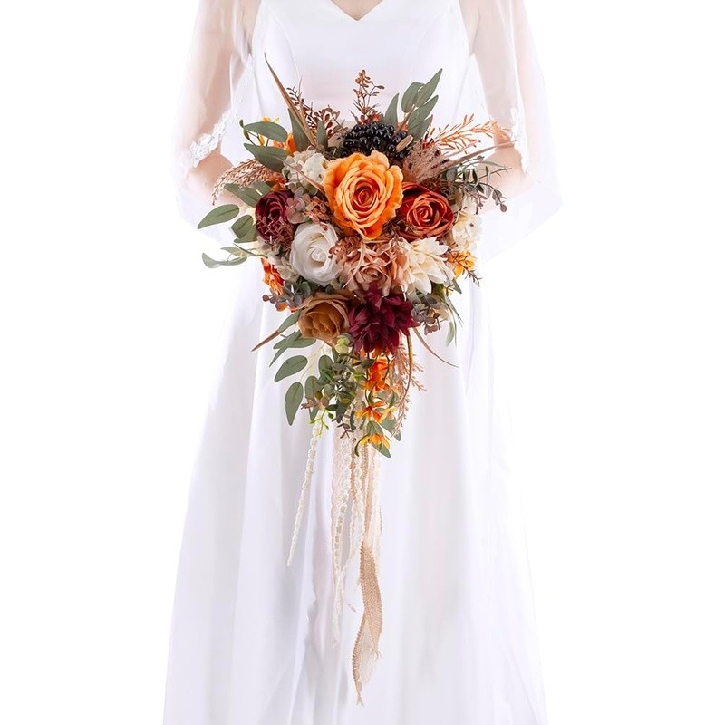 12 Inch Cascade Bridal Bouquet Silk Roses Wedding Decoration Faux Flowers New