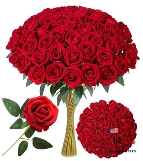 50 PCS Roses Artificial Flowers, Real Looking Fake Roses with Long Stems Red