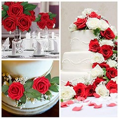 Artificial Flowers Rose Real Looking Fake Roses w/Stem for DIY 50pcs Dark Red