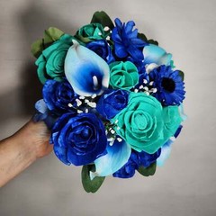 Aqua Royal Blue Rose Calla Lily Real Touch Bridal Wedding Bouquet Accessories