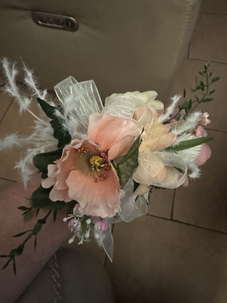 Wrist Corsage with Salmon and Peach, Pink Hues w/a Bow.Prom, Formal,Mothers Day.