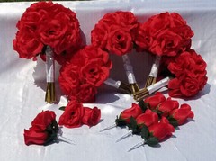 13 Pc. Wedding Bouquet Package, Red Roses, White Ribbon, Red Wedding Bouquet Set