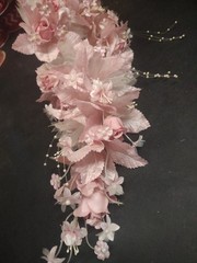 1970s Vintage Silk Wedding Bouquet, 18″ Satin Leaves, Roses, Stephanotis, Pearls