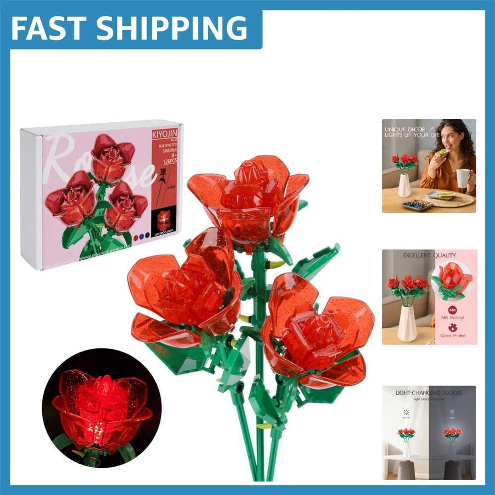 Artistic 3-Flower Rose Building Set with LED Lights – Gift for Her & Loved Ones