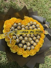 Bouquet of 23 eternal roses, yellow Satin Ribbon handmade with 42 Ferrero Rocher