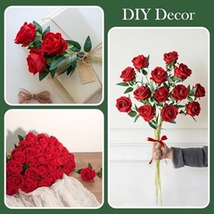50 PCS Roses Artificial Flowers, Real Looking Fake Roses with Long Stems Red
