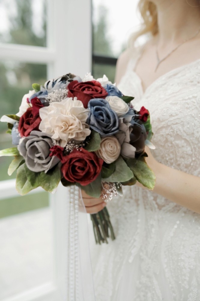 Burgundy Bridal Bouquet Sola Wood Dusty Blue Bridesmaid Gray Wedding Flowers