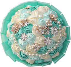 Mint Green and Ivory Bridal Wedding Bouquet with Rhinestone Brooch Pearl Bouquet
