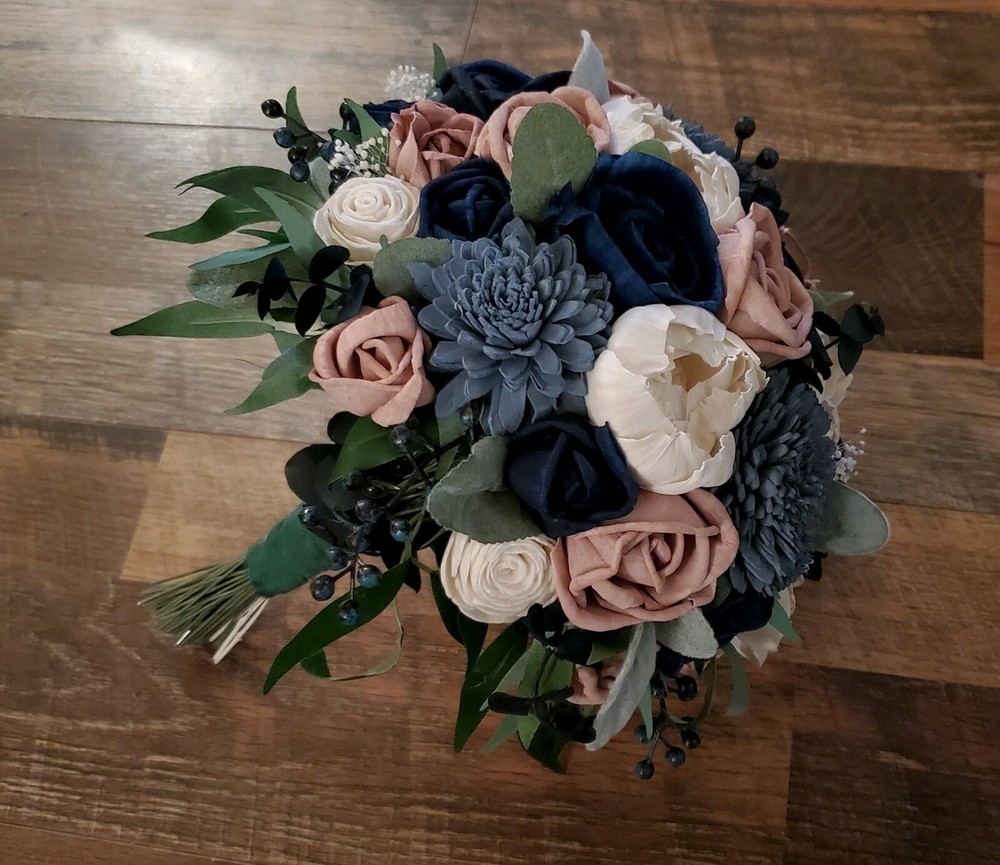 Pink Mauve Navy Dusty Blue Sola Wood Bridal Bouquet Artificial Wedding Flowers