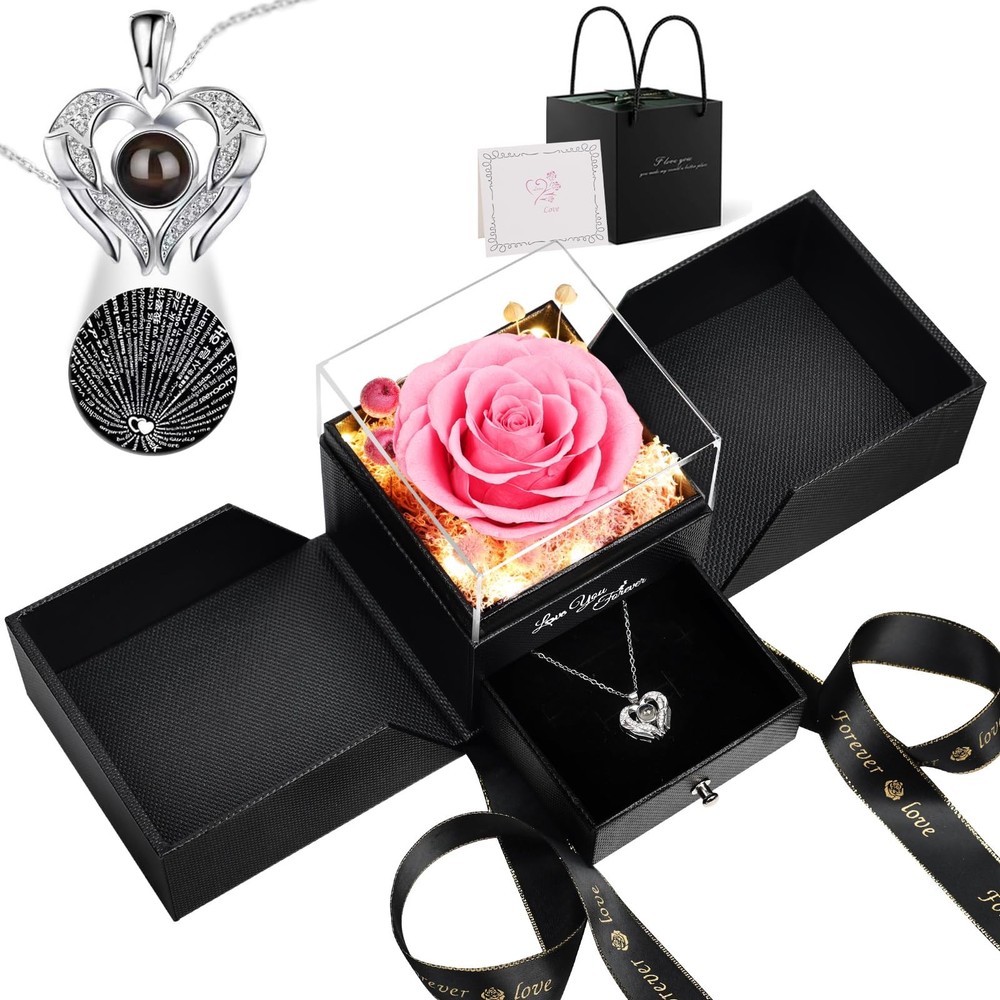 Gifts for Women Preserved Real Roses with I Love You Necklace Fresh Forever F.