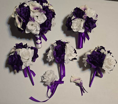 7 Pieces Artificial Flowers Purple White Roses Calla Lilies Wedding Bouquet Set