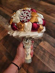 Bridal Flower Wedding Bouquet Rhinestone Pearls Silk Satin Burgundy Gold Cream