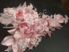 Vintage Silk Wedding Bouquet, Pink, 18″ Satin Leaves, Roses, Stephanotis, Pearls