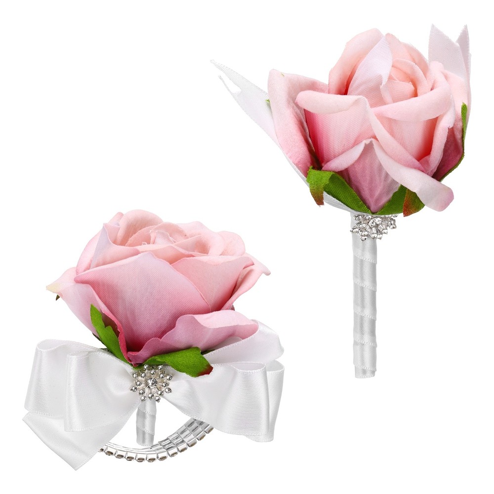 2Pcs Wrist Corsage Boutonnieres Set with White Ribbon, Light Autumn Pink