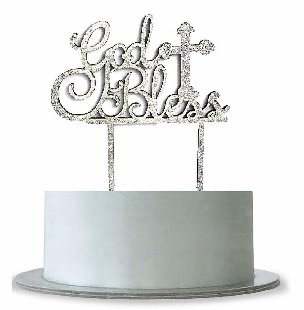 God Bless, Christening Cake Topper, Religious, Baptism Decorations, Wood Glitter