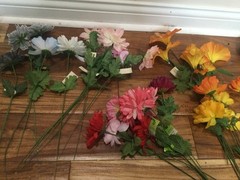 vtg SILK FLOWER mix orange pink mums petunia +ARRANGEMENT Macao ENB 60’s to 80’s