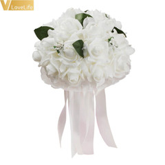 Wedding Bouquet Bridal Bridesmaid Artificial Silk Rose Flowers with Lace Fake Fl