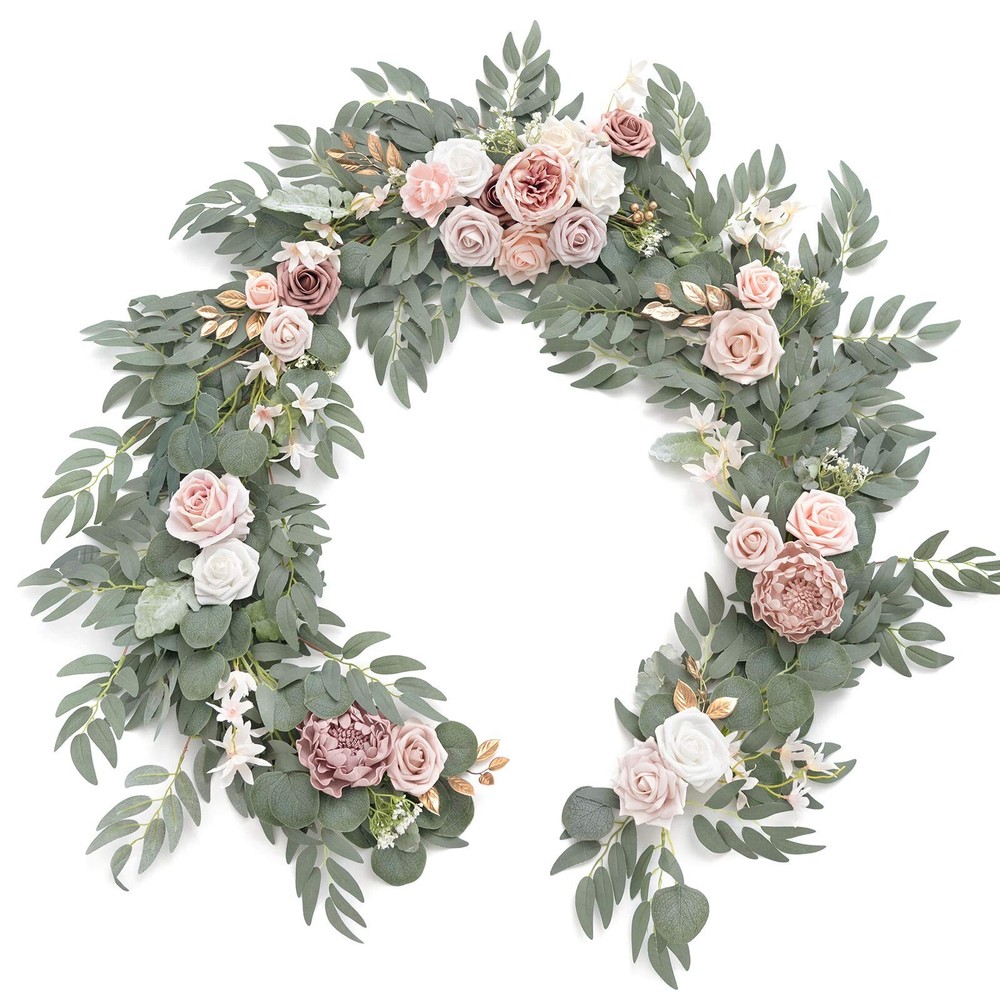Ling’s Moment Artificial Eucalyptus Garland with Flowers 6FT, Wedding Table G…
