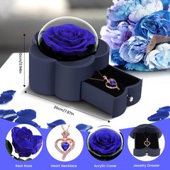 Preserved Rose with Heart Necklace, Eternal Flower Gift for ONE ROSE, Blue