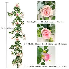 5.9FT Bendable Rose Flower Garlands, Artificial Silk Wild Roses Vine 2 Pink