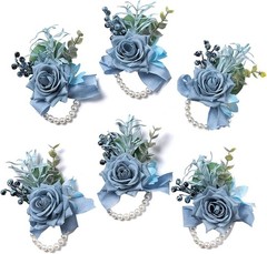 Dusty Blue Rose Wrist Corsage for Women, Set of 6, Wedding Bridal Corsage Han…